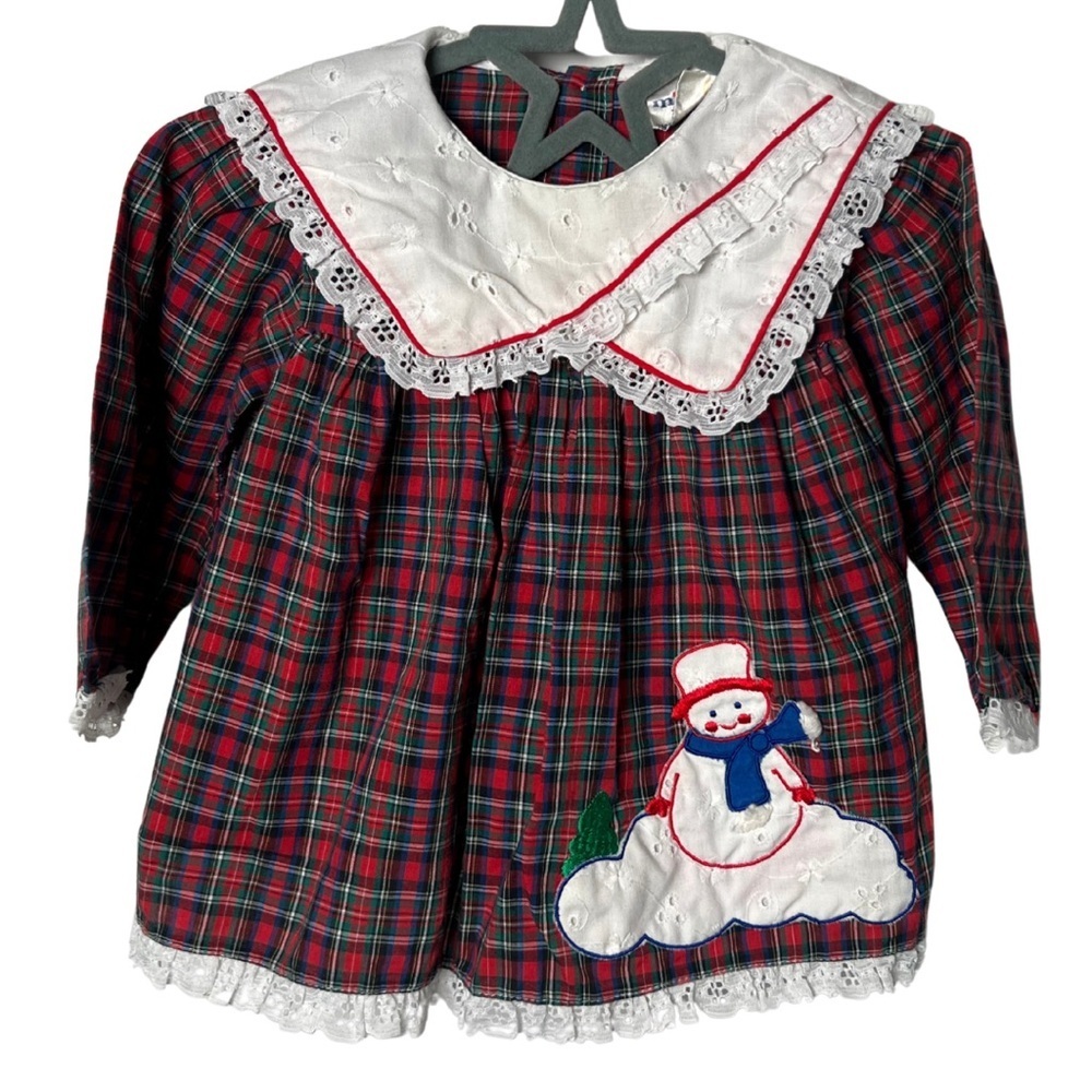 Vintage Mini Togs Dress Plaid Christmas Winter Holiday Snowman Baby Girl